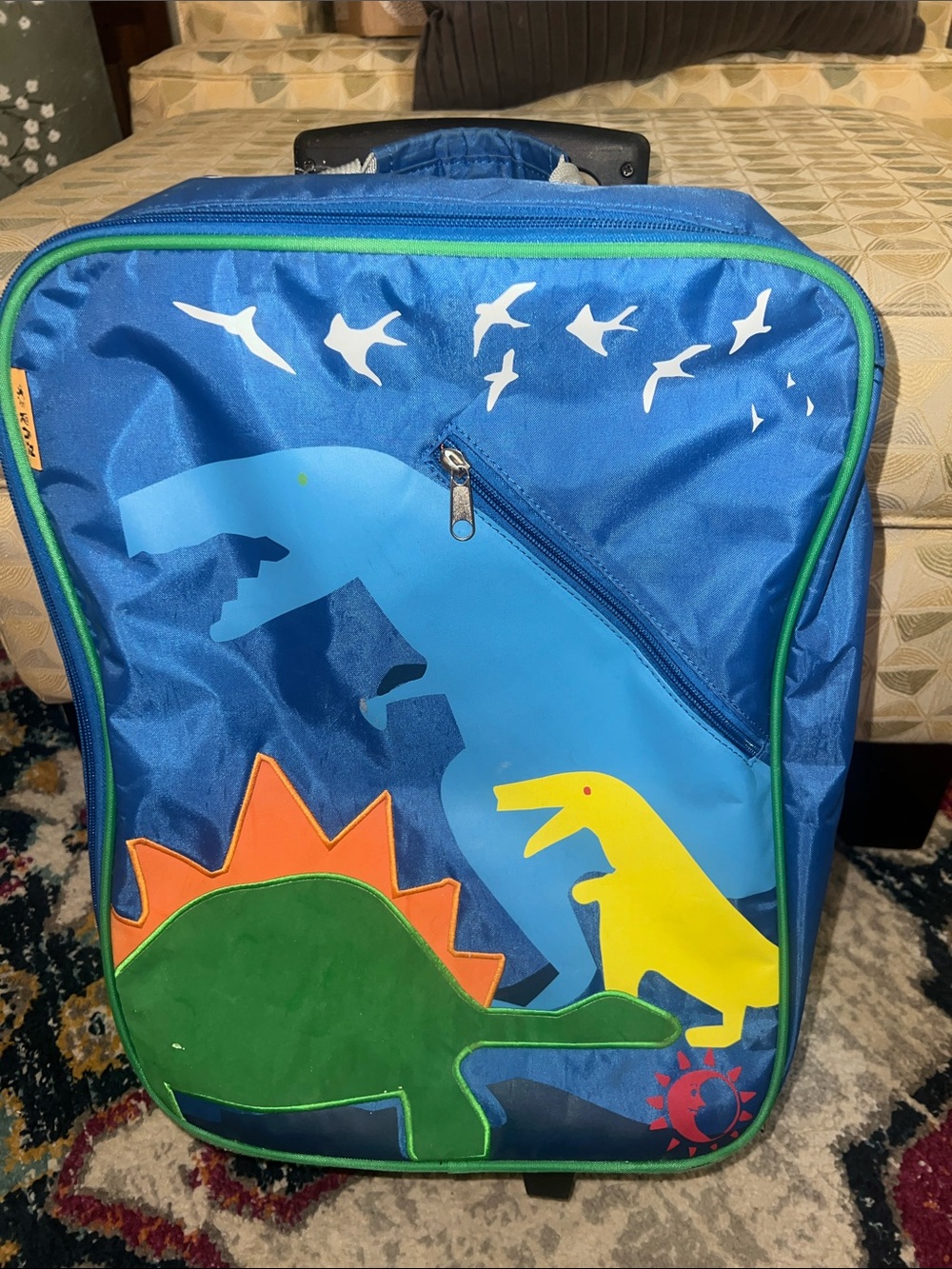 D & N Kids Blue Dinosaur Rolling Backpack - zip around with handle